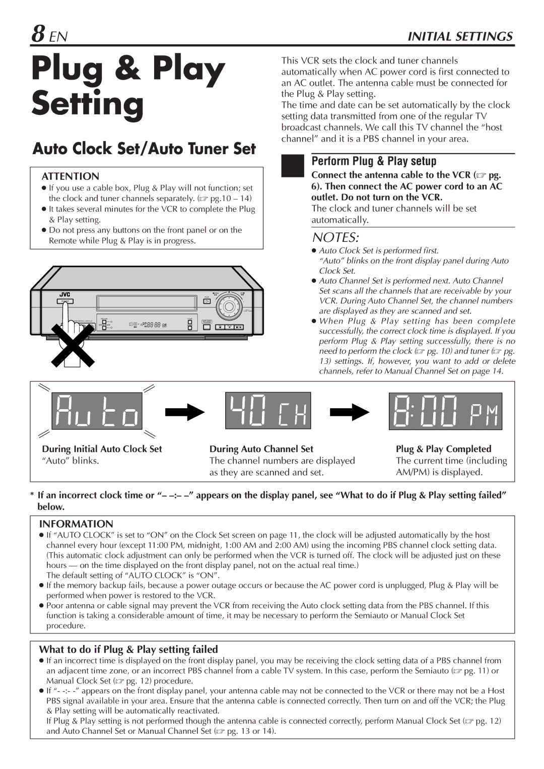 JVC HR-S7900U manual Plug & Play Setting, Perform Plug & Play setup, What to do if Plug & Play setting failed 