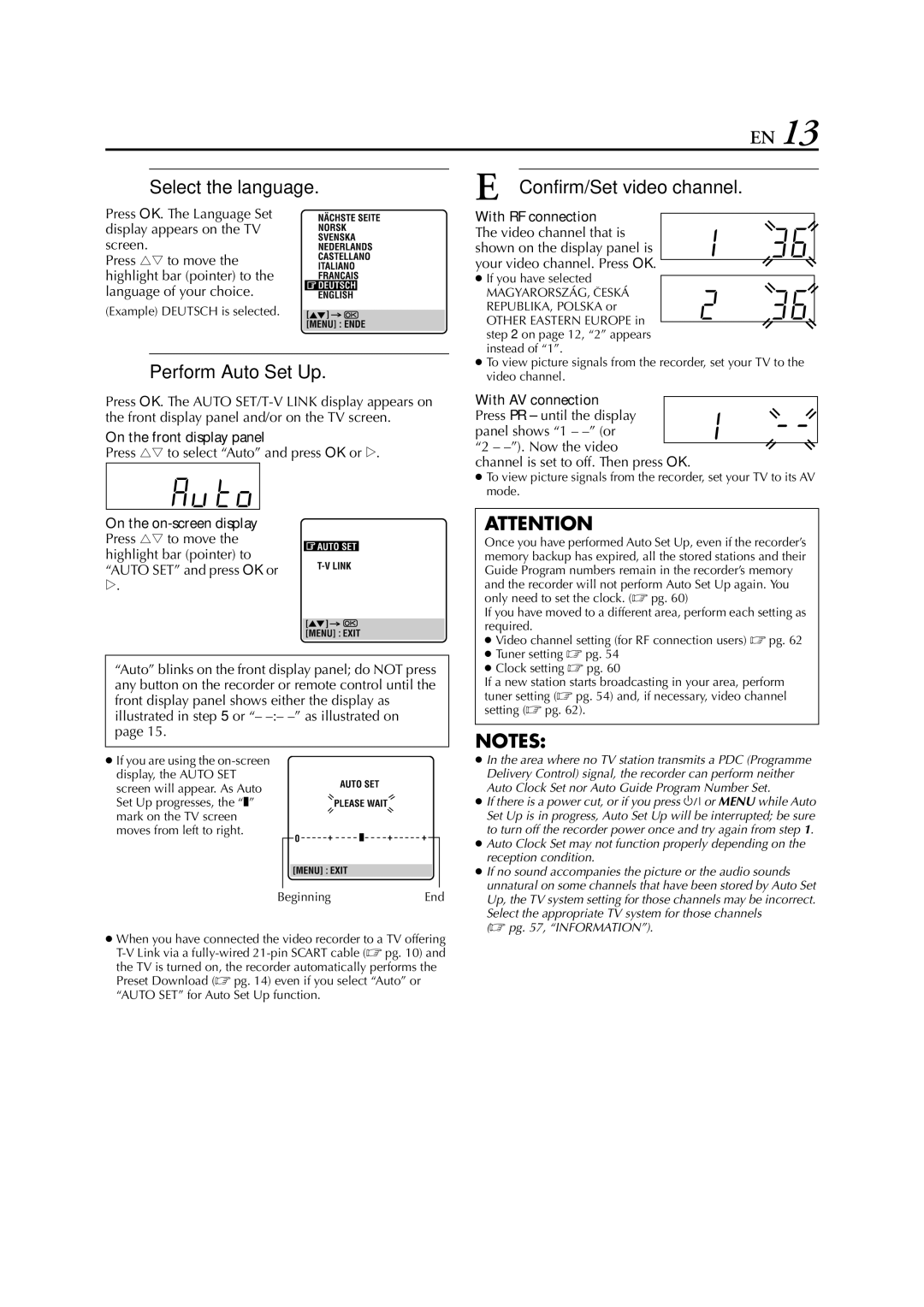 JVC HR-S7950EU Select the language, Perform Auto Set Up, Confirm/Set video channel, On the front display panel 