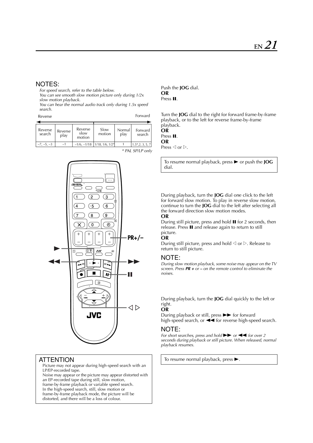 JVC HR-S7950EU specifications Slow Motion, High-Speed Turbo Search, Pause during playback, Activate frame-by-frame playback 