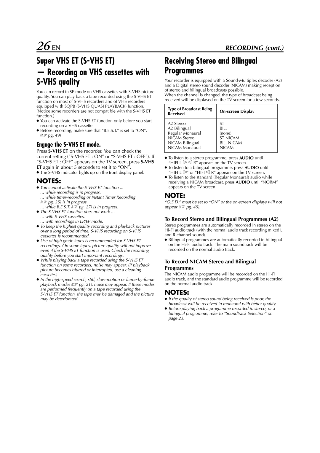 JVC HR-S7950EU 26 EN, Super VHS ET S-VHS ET, Receiving Stereo and Bilingual Programmes, Engage the S-VHS ET mode 