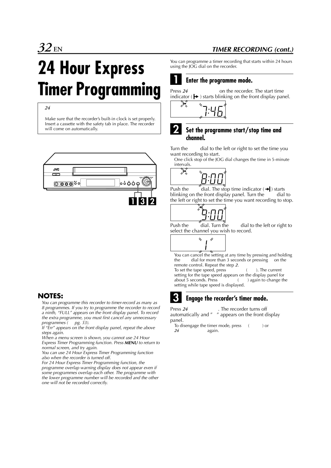 JVC HR-S7950EU specifications 32 EN, Enter the programme mode, Set the programme start/stop time and channel 