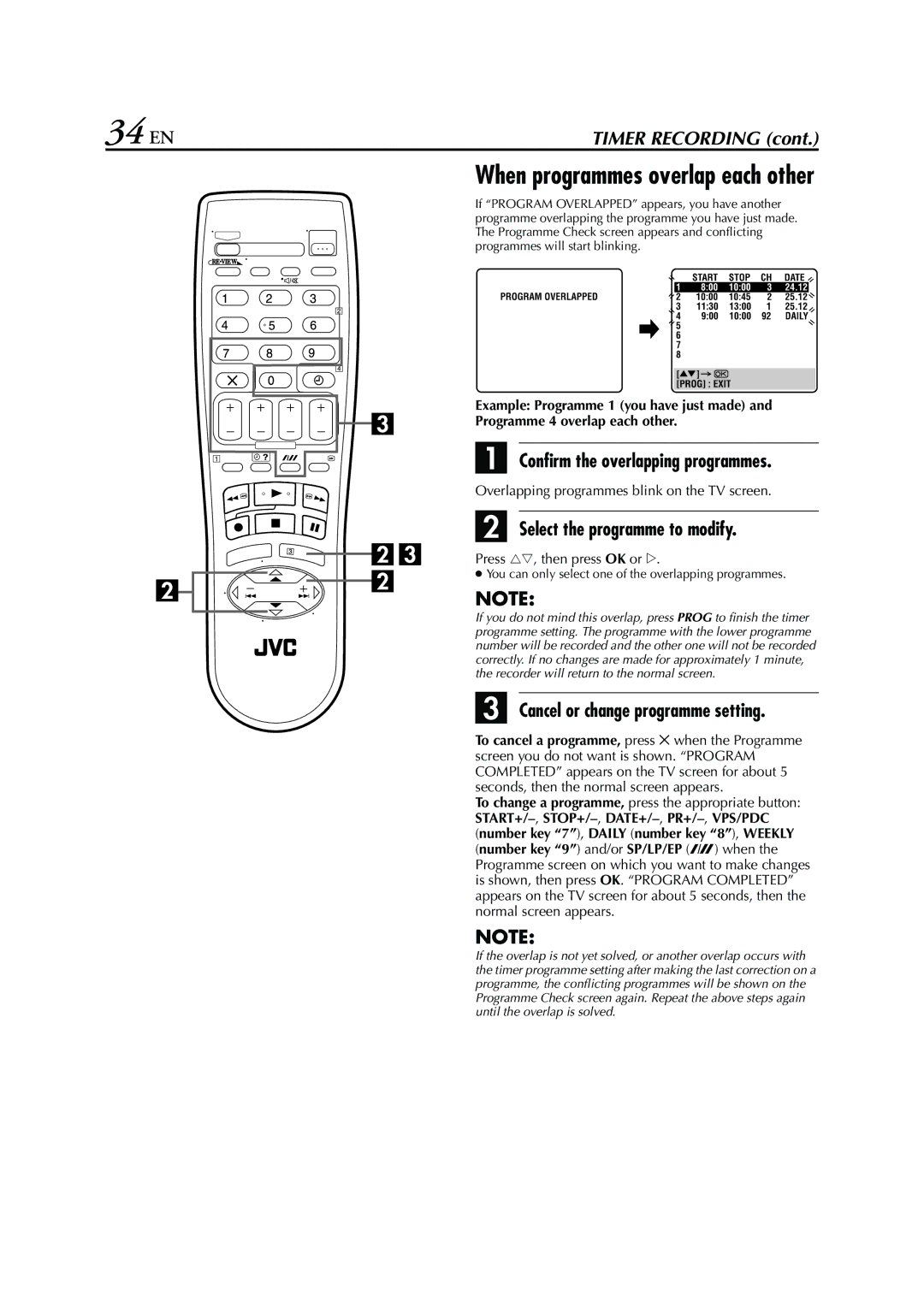 JVC HR-S7950EU Confirm the overlapping programmes, Select the programme to modify, Cancel or change programme setting 