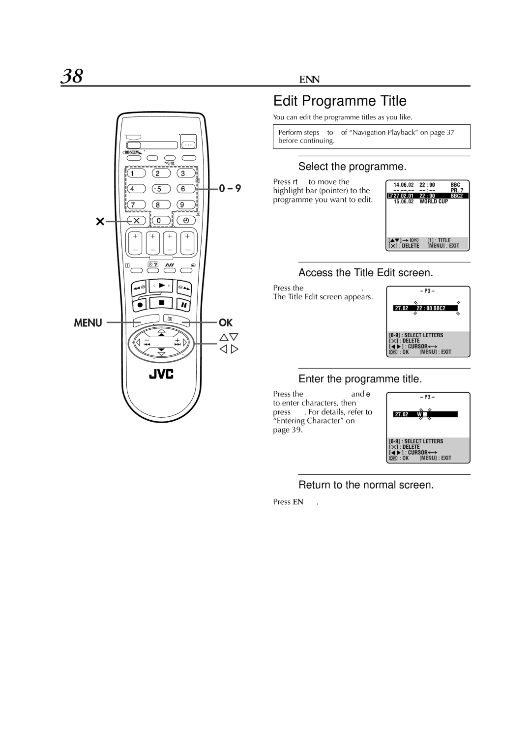 JVC HR-S7950EU specifications 38 EN, Edit Programme Title, Select the programme 