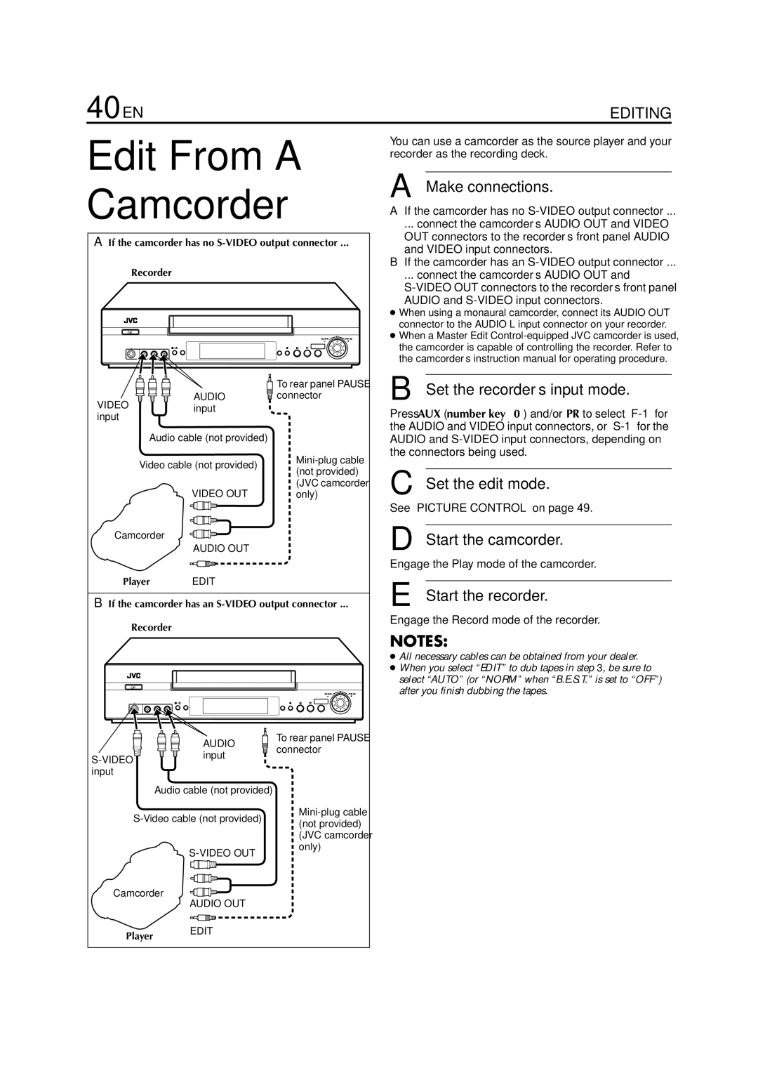 JVC HR-S7950EU specifications Edit From a Camcorder, 40 EN 