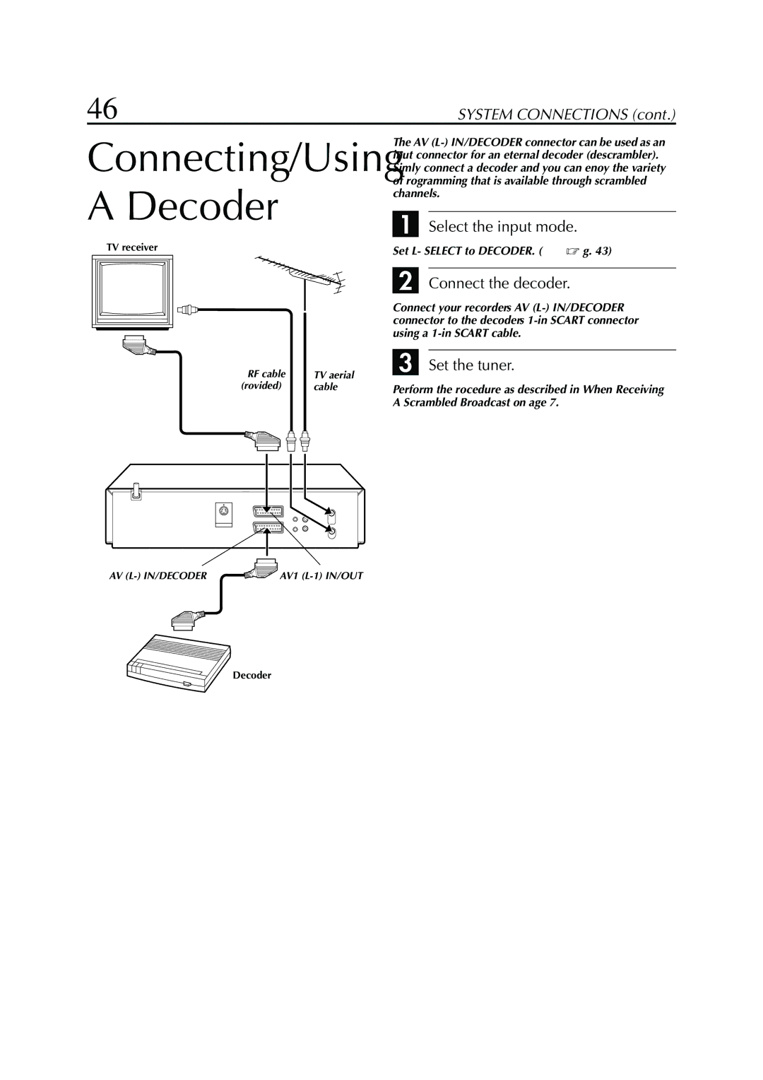 JVC HR-S7950EU 46 EN, Select the input mode, Connect the decoder, Set the tuner, Set L-2 Select to DECODER.  pg 