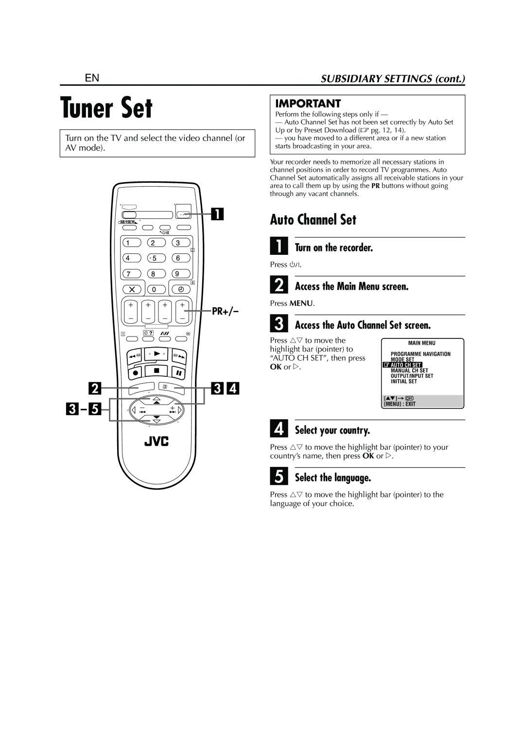 JVC HR-S7950EU specifications Tuner Set, 54 EN, Access the Auto Channel Set screen 