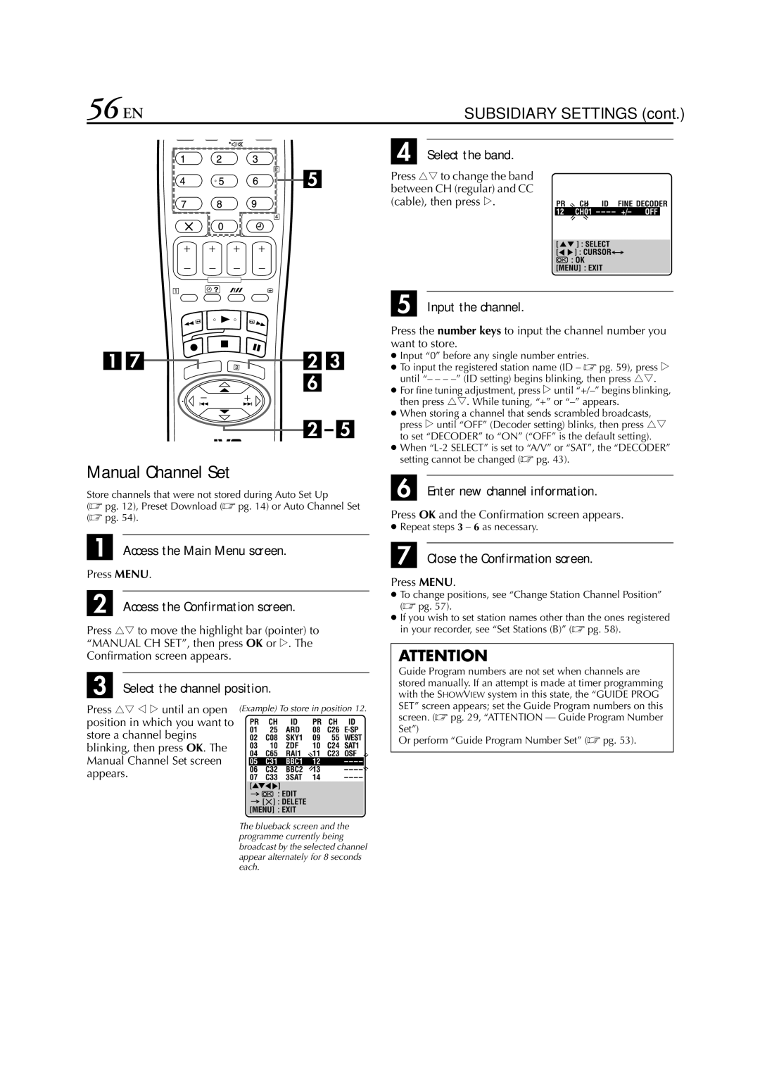 JVC HR-S7950EU specifications 56 EN, Manual Channel Set 