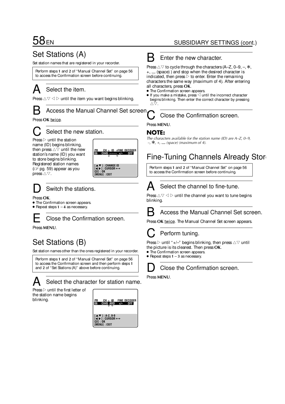 JVC HR-S7950EU specifications 58 EN, Set Stations a, Set Stations B 