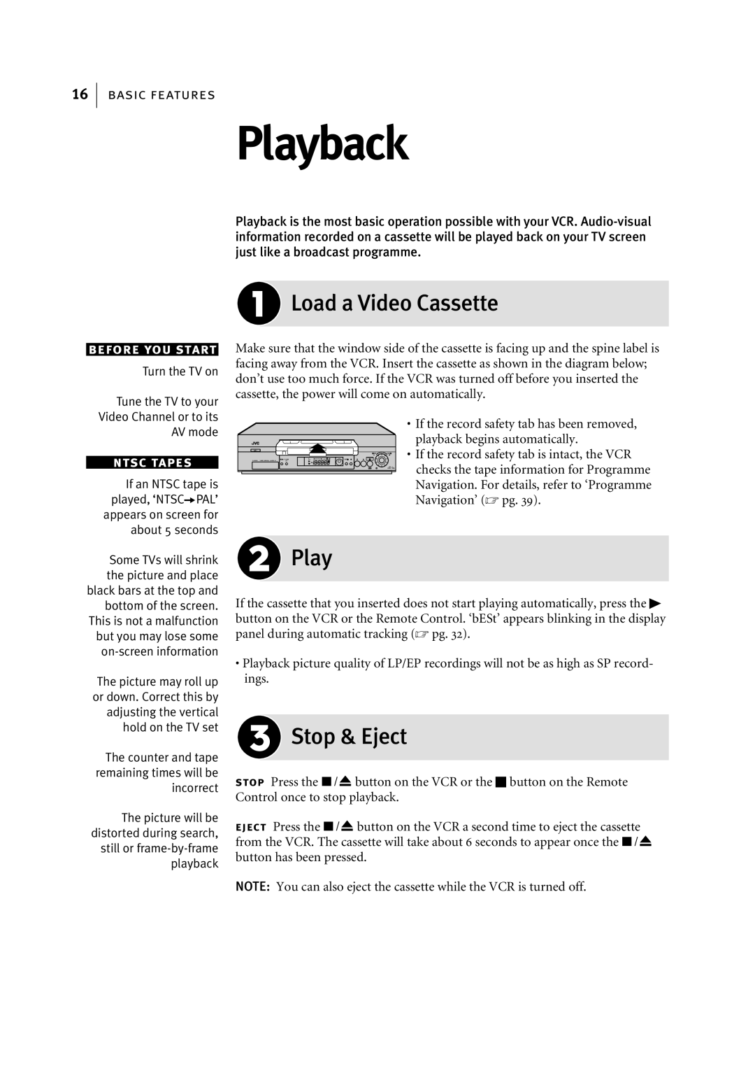 JVC HR-S7955EK manual Playback, Load a Video Cassette, Stop & Eject 