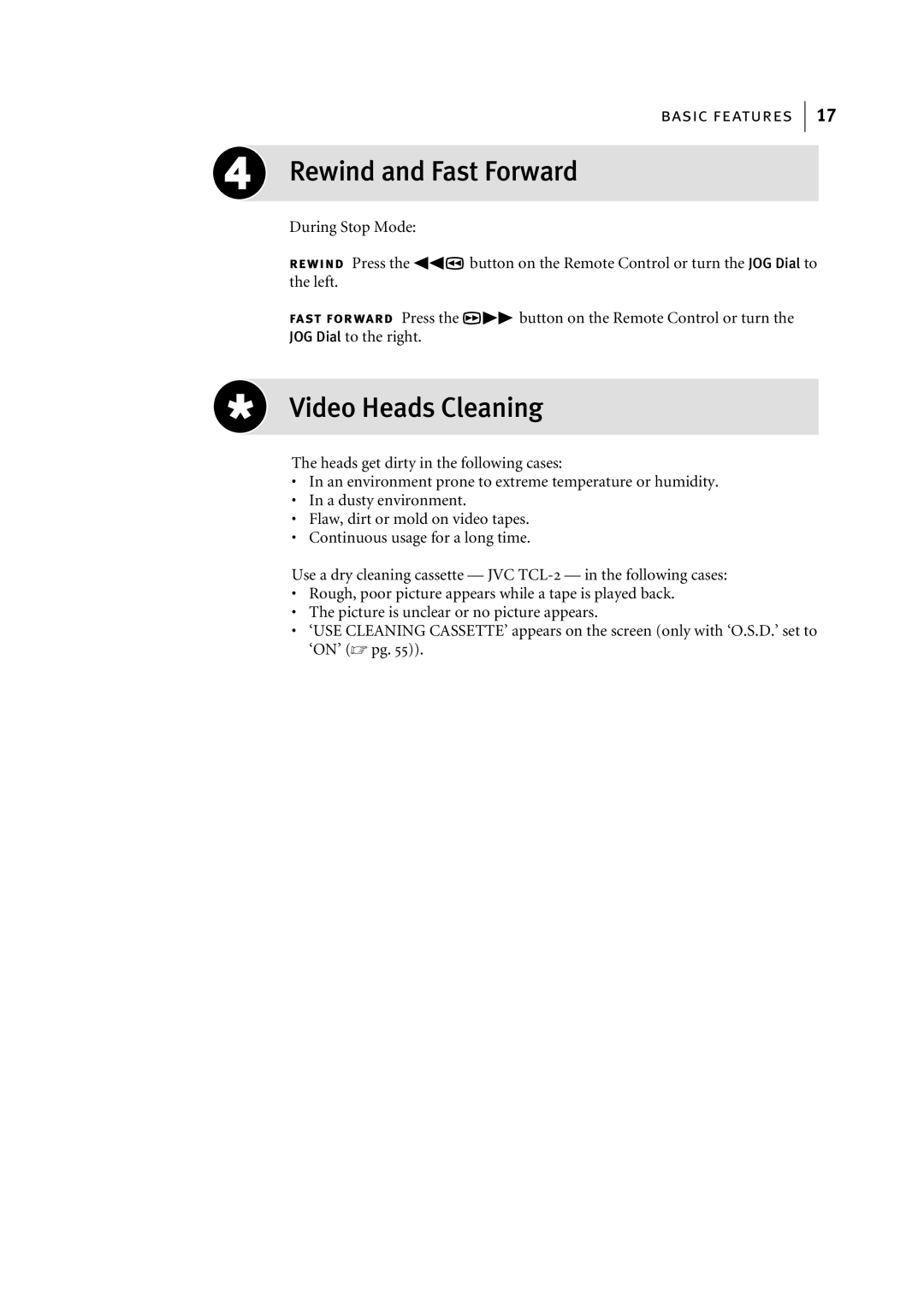 JVC HR-S7955EK manual Rewind and Fast Forward, Video Heads Cleaning 