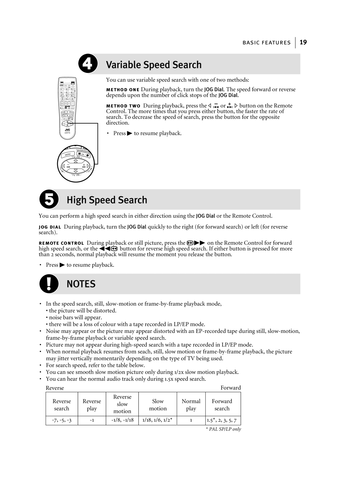 JVC HR-S7955EK Variable Speed Search, High Speed Search, You can use variable speed search with one of two methods, Normal 