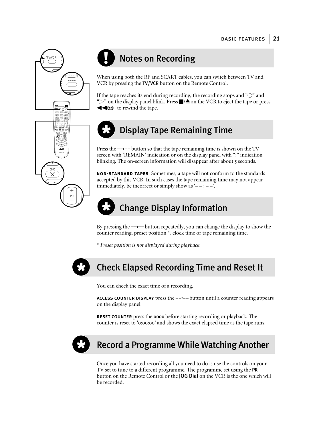 JVC HR-S7955EK manual Display Tape Remaining Time, Change Display Information, Check Elapsed Recording Time and Reset It 