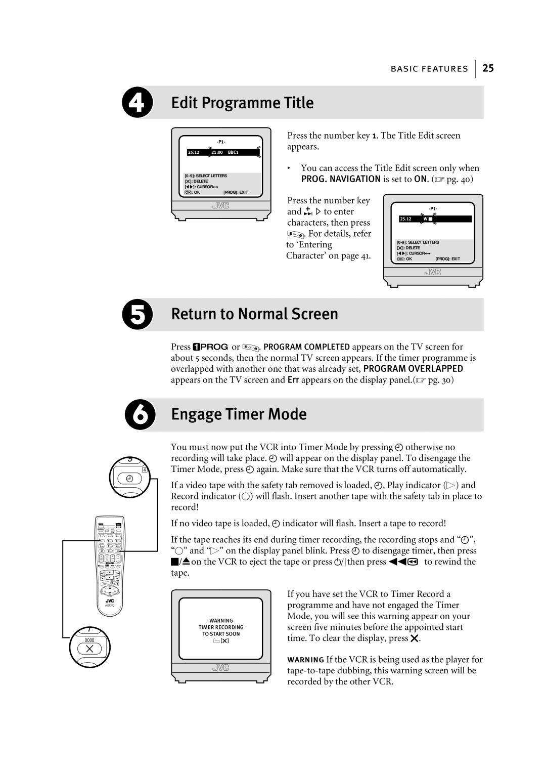 JVC HR-S7955EK manual Edit Programme Title, Return to Normal Screen, Engage Timer Mode 