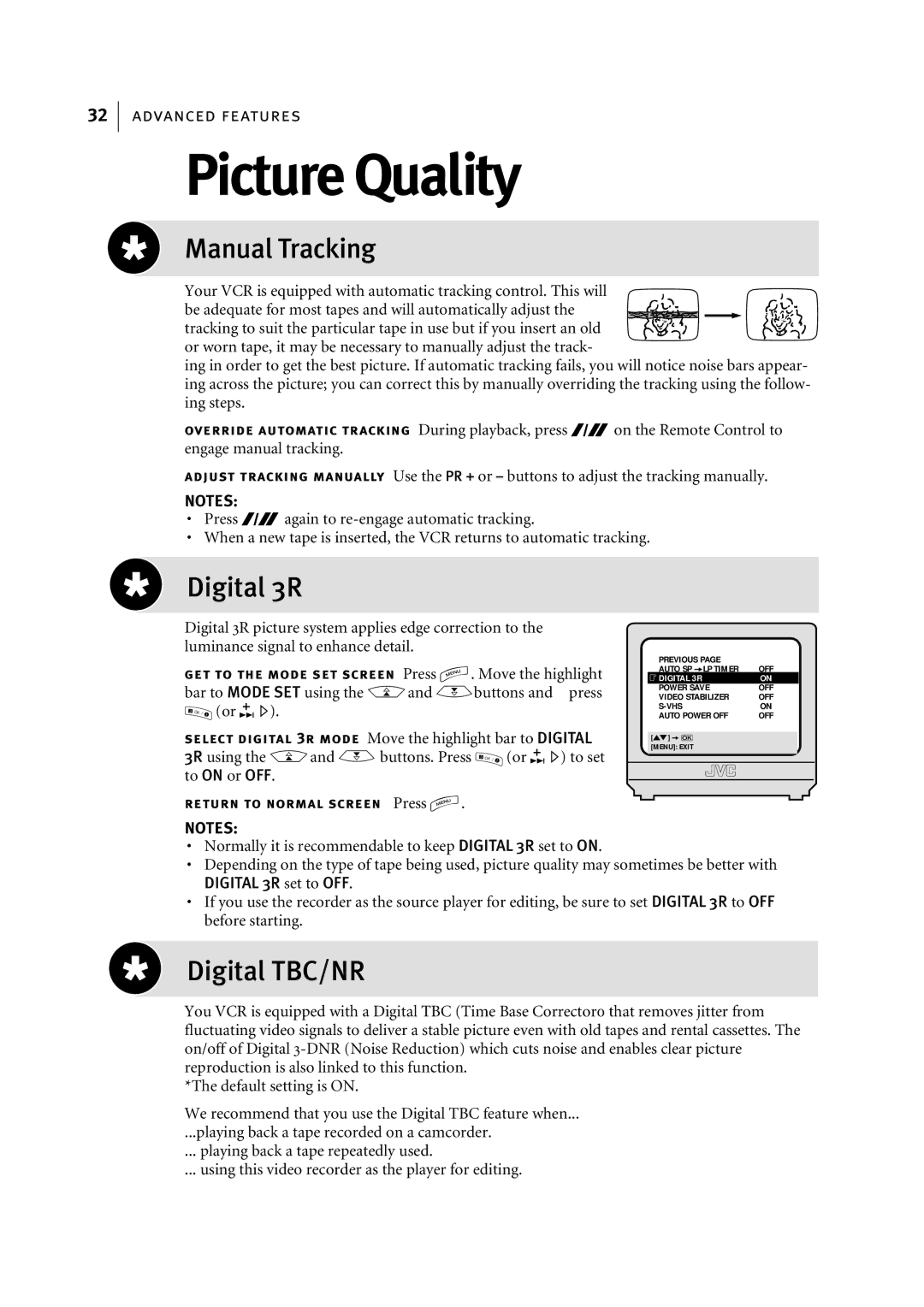 JVC HR-S7955EK manual Picture Quality, Manual Tracking, Digital 3R, Digital TBC/NR 