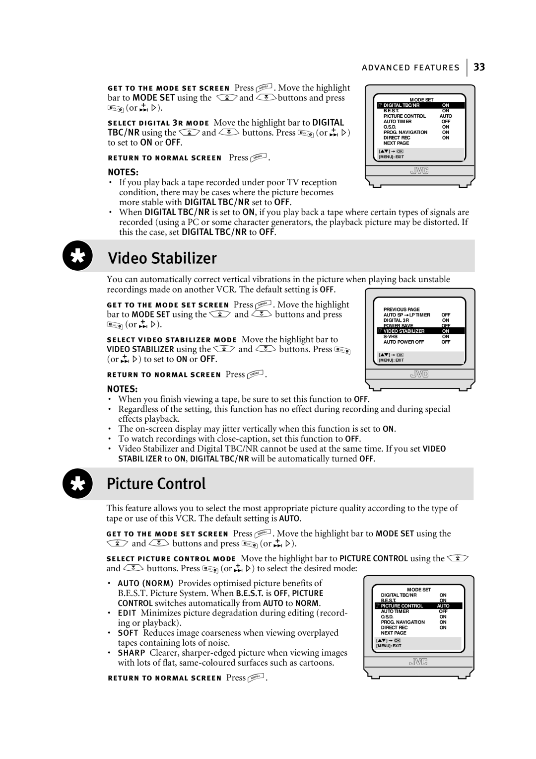 JVC HR-S7955EK manual Video Stabilizer, Picture Control 