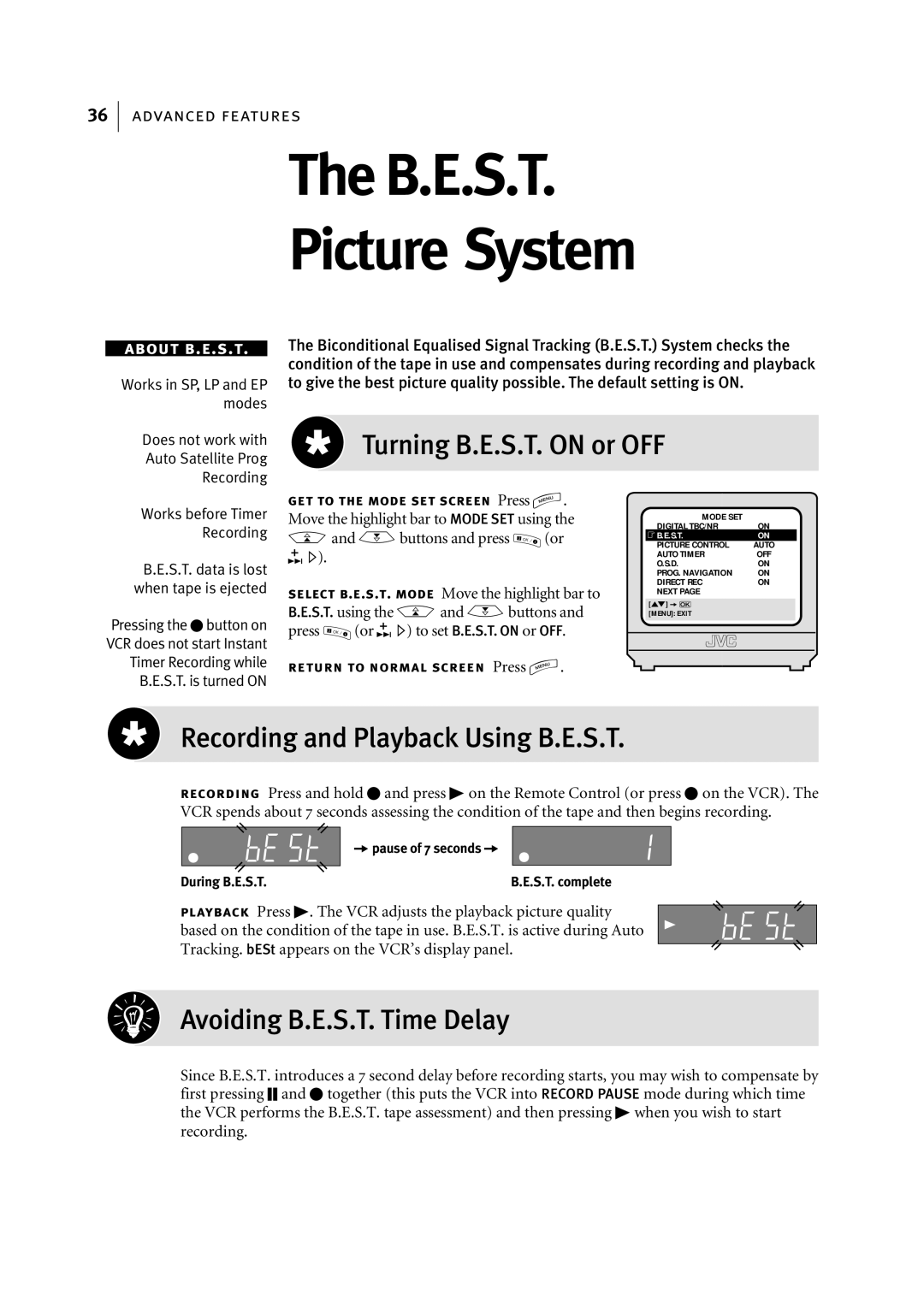 JVC HR-S7955EK manual Turning B.E.S.T. on or OFF, Recording and Playback Using B.E.S.T, Avoiding B.E.S.T. Time Delay 