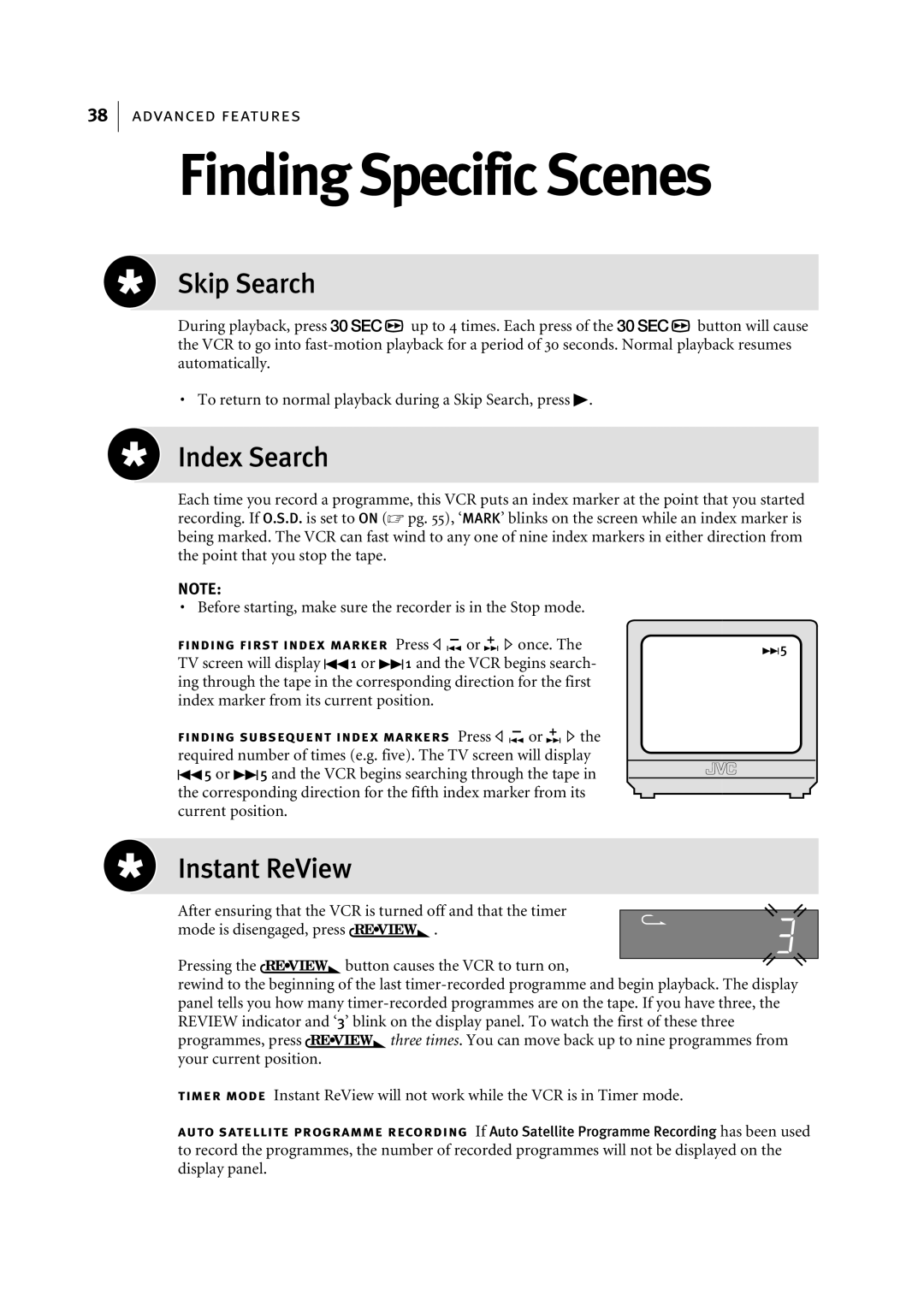 JVC HR-S7955EK manual Finding Specific Scenes, Skip Search, Index Search, Instant ReView 