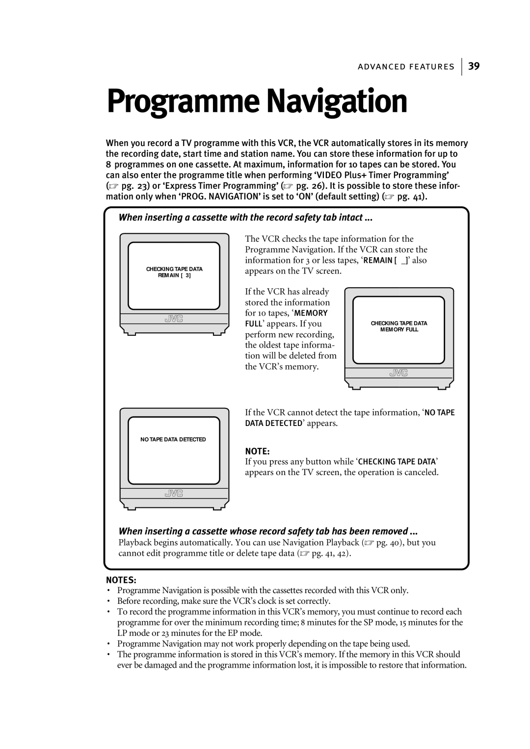 JVC HR-S7955EK manual Programme Navigation, If the VCR cannot detect the tape information, ‘NO Tape 