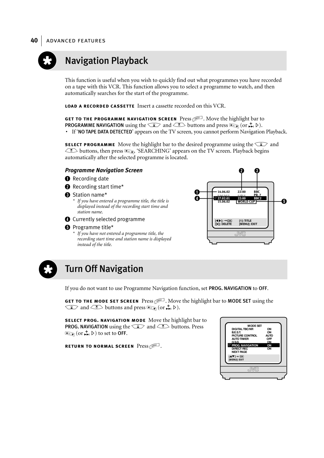 JVC HR-S7955EK manual Navigation Playback, Turn Off Navigation 