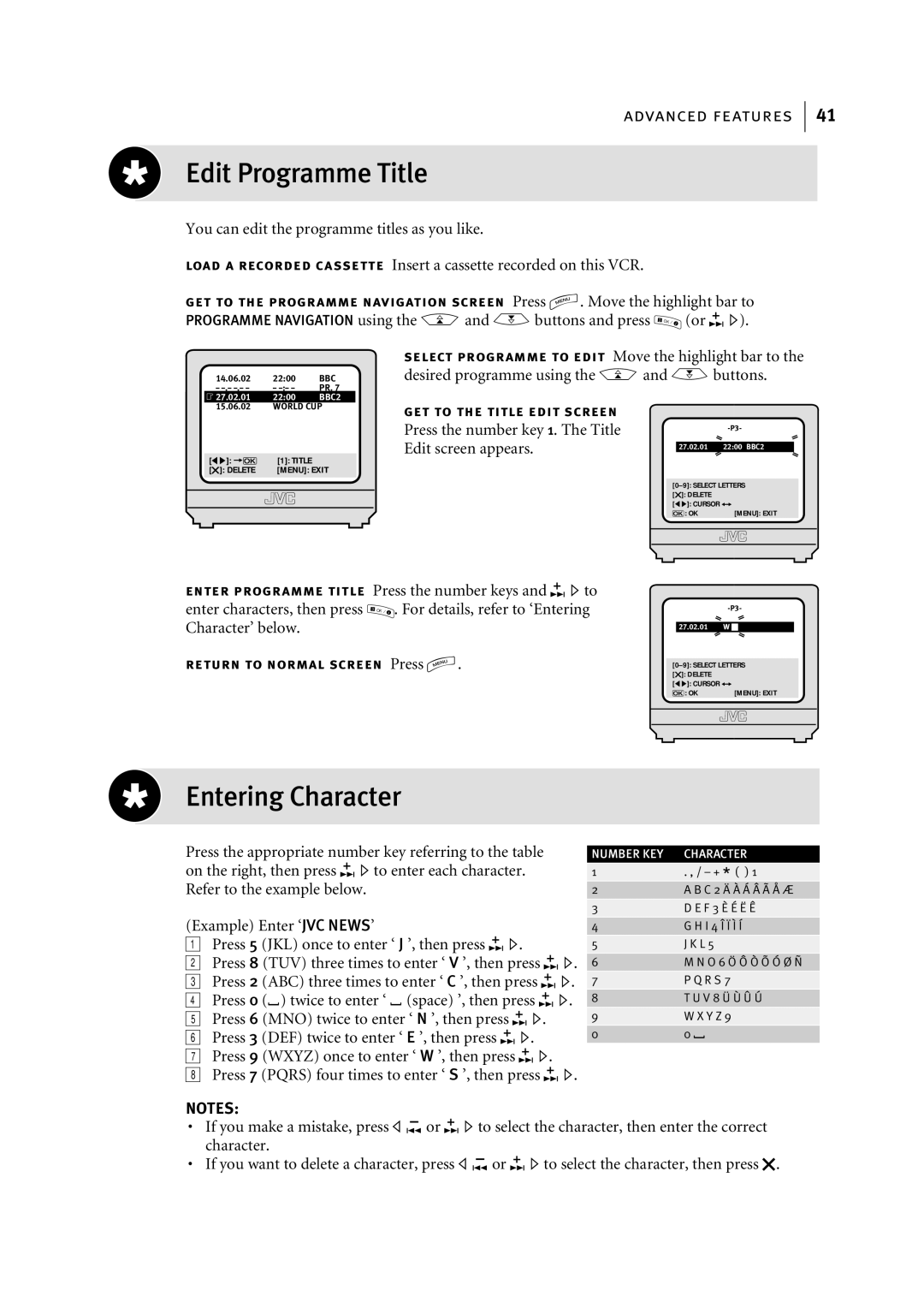 JVC HR-S7955EK manual Entering Character, Press the number key 1. The Title Edit screen appears, Character’ below 