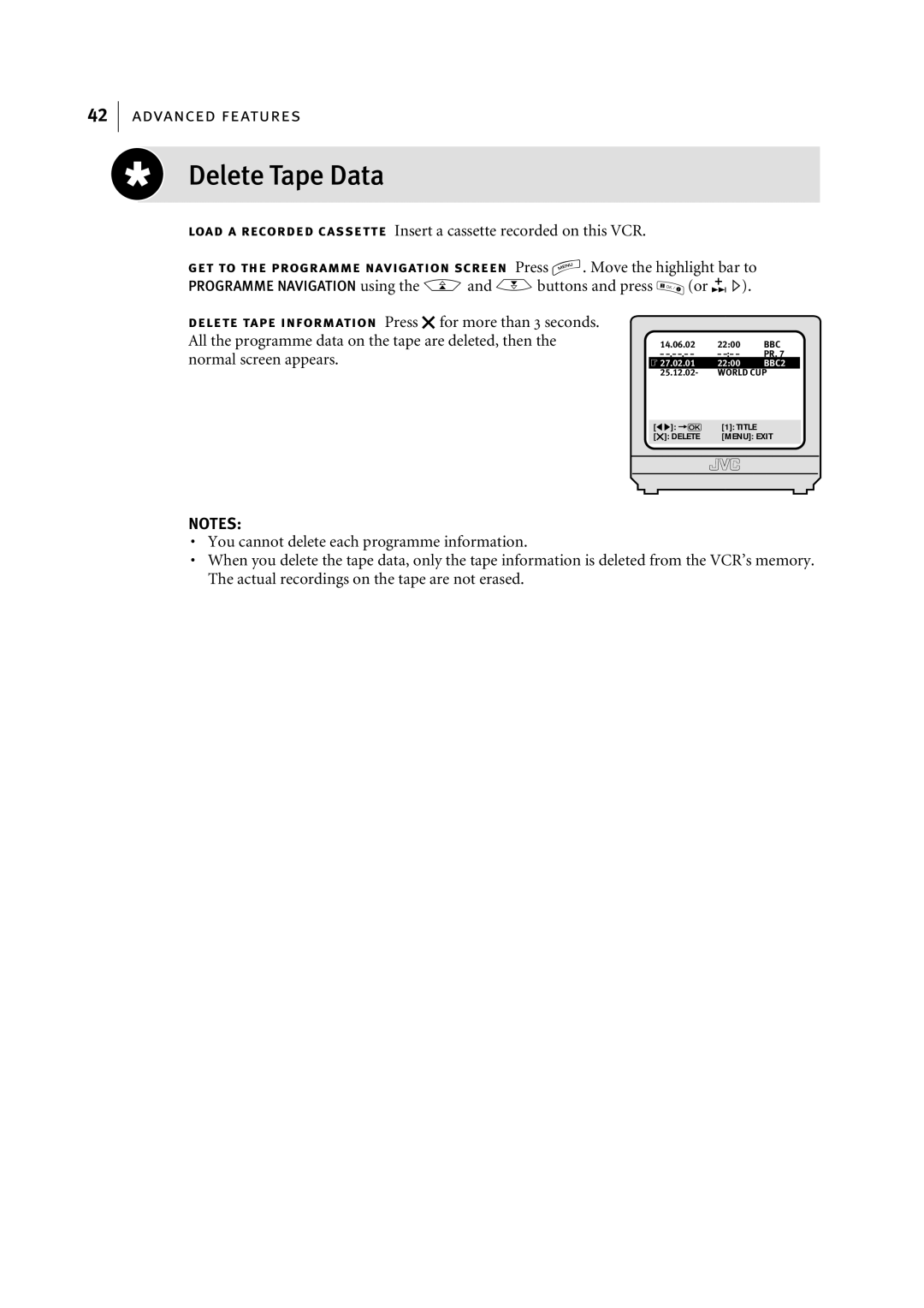 JVC HR-S7955EK manual Delete Tape Data 