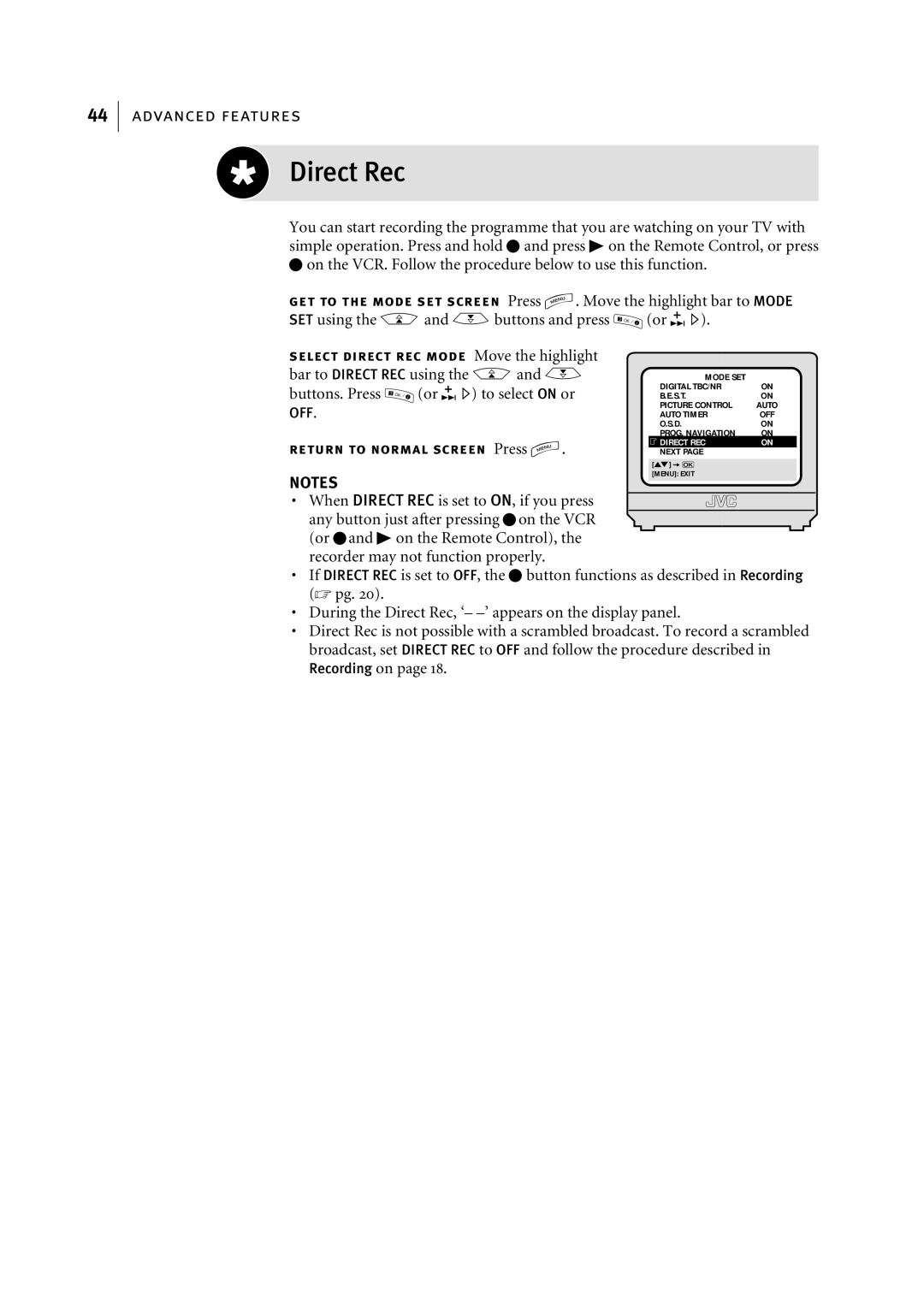 JVC HR-S7955EK manual Direct Rec, SET using the Aand Bbuttons and press, Highlight bar to Mode, Recording on 