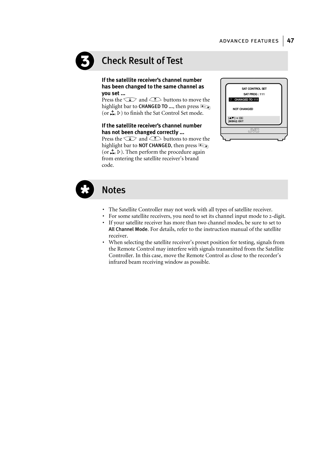 JVC HR-S7955EK manual Check Result of Test, Press the Aand Bbuttons to move, Or E to finish the Sat Control Set mode 