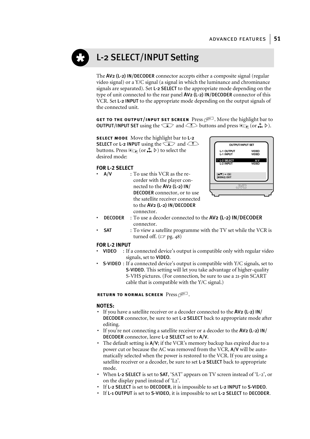 JVC HR-S7955EK manual SELECT/INPUT Setting, For L-2 Select 