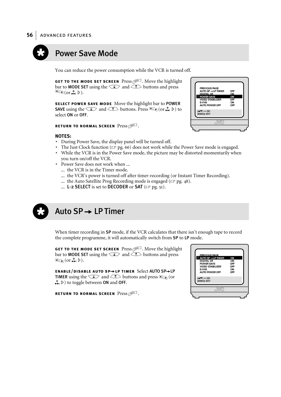 JVC HR-S7955EK manual Power Save Mode, Auto SP aLP Timer 