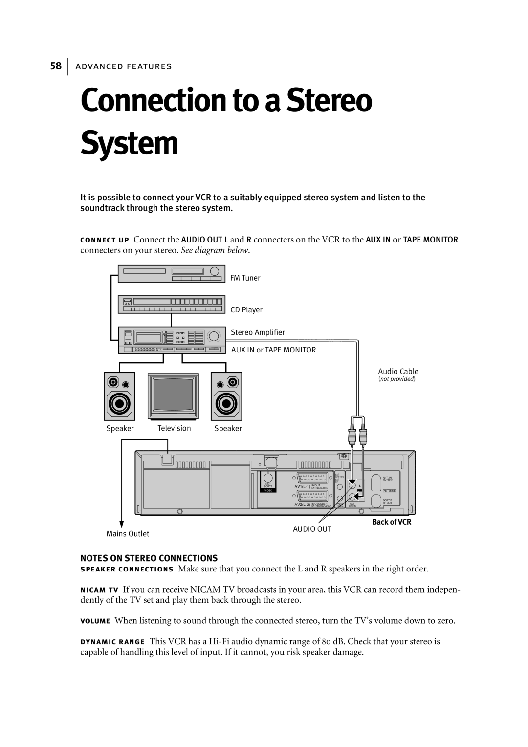 JVC HR-S7955EK manual Connection to a Stereo System, AUX in or Tape Monitor 