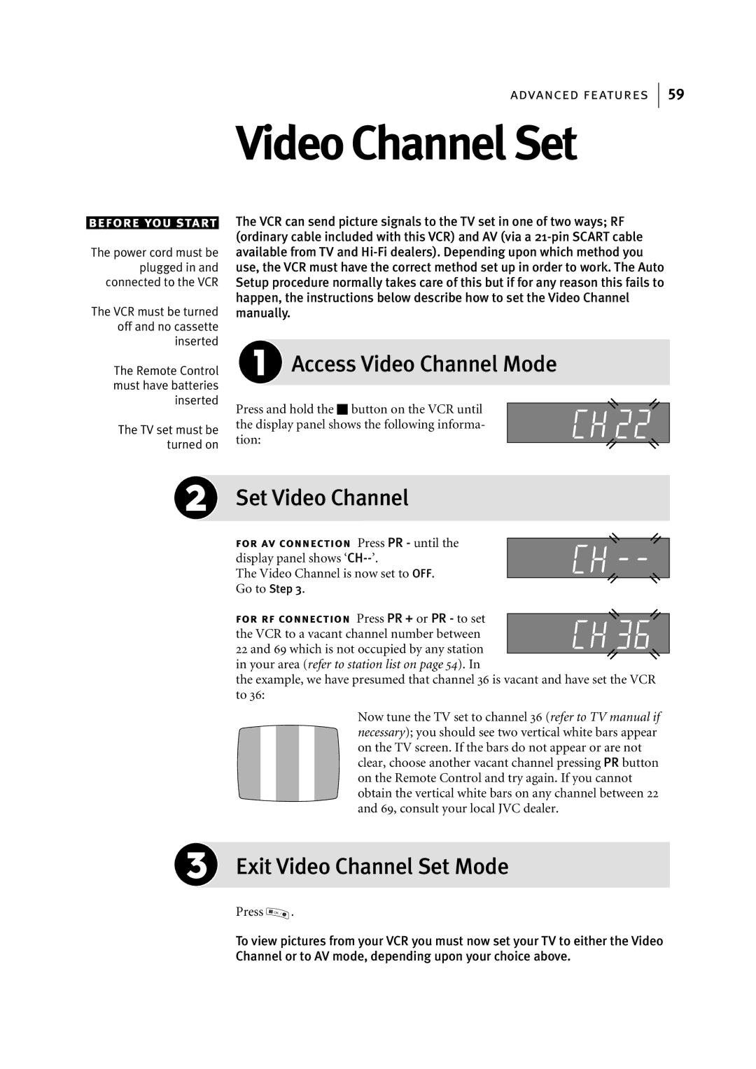 JVC HR-S7955EK manual Access Video Channel Mode, Set Video Channel, Exit Video Channel Set Mode 