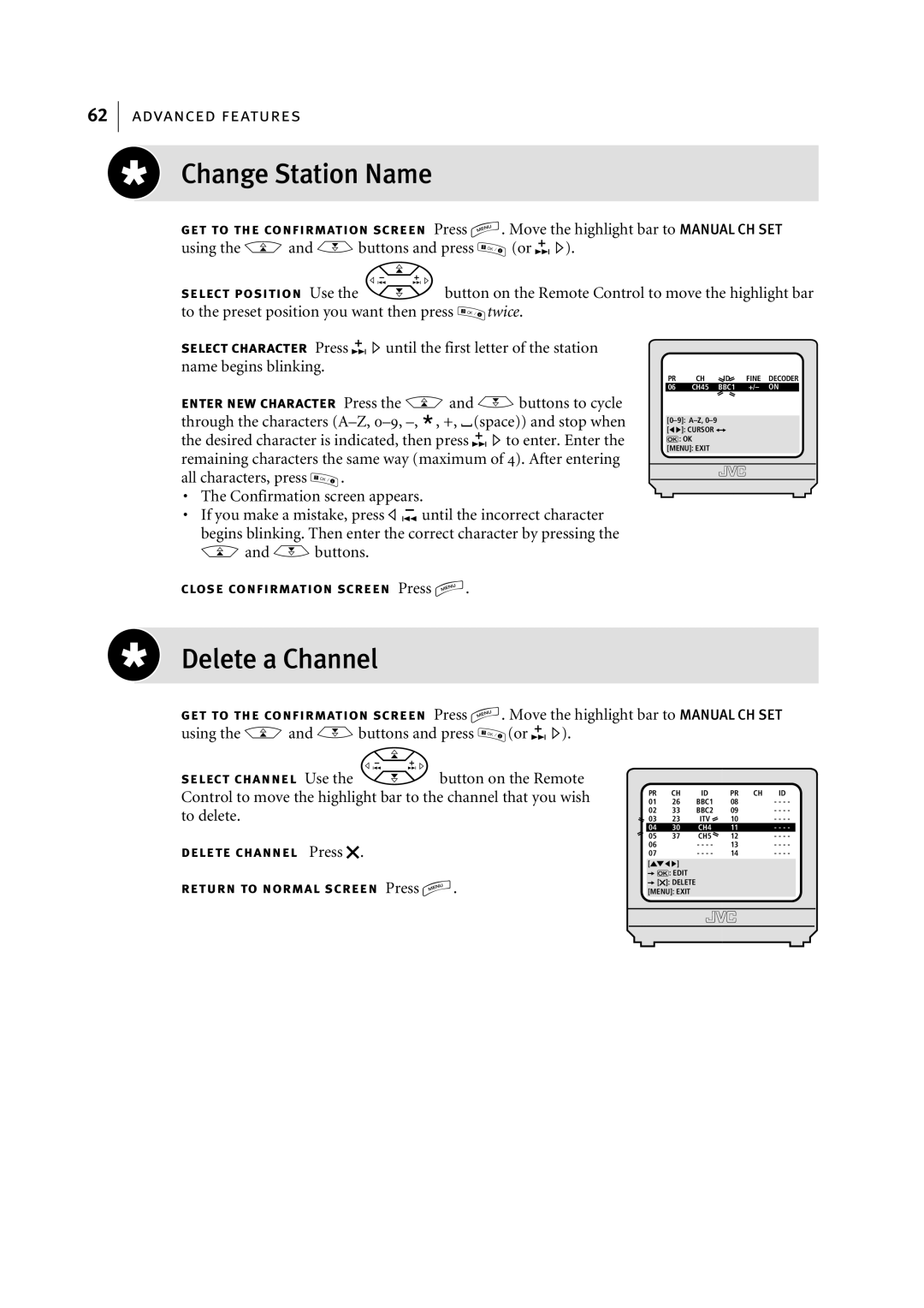 JVC HR-S7955EK manual Change Station Name, Delete a Channel 