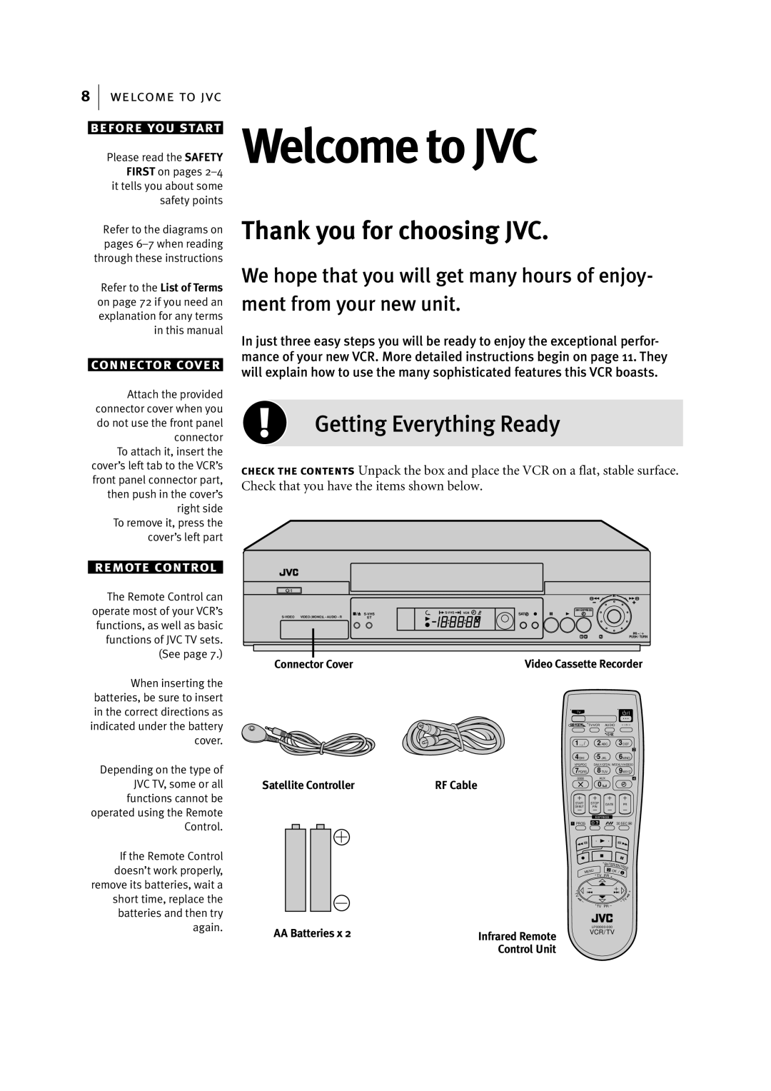 JVC HR-S7955EK manual Welcome to JVC, Getting Everything Ready 