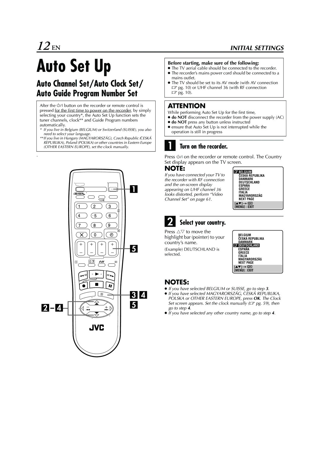 JVC HR-S7960E Auto Set Up, 12 EN, Turn on the recorder, Select your country, Before starting, make sure of the following 