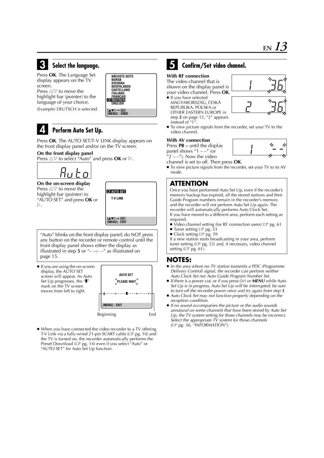 JVC HR-S7960E Select the language, Perform Auto Set Up, Confirm/Set video channel, On the front display panel 