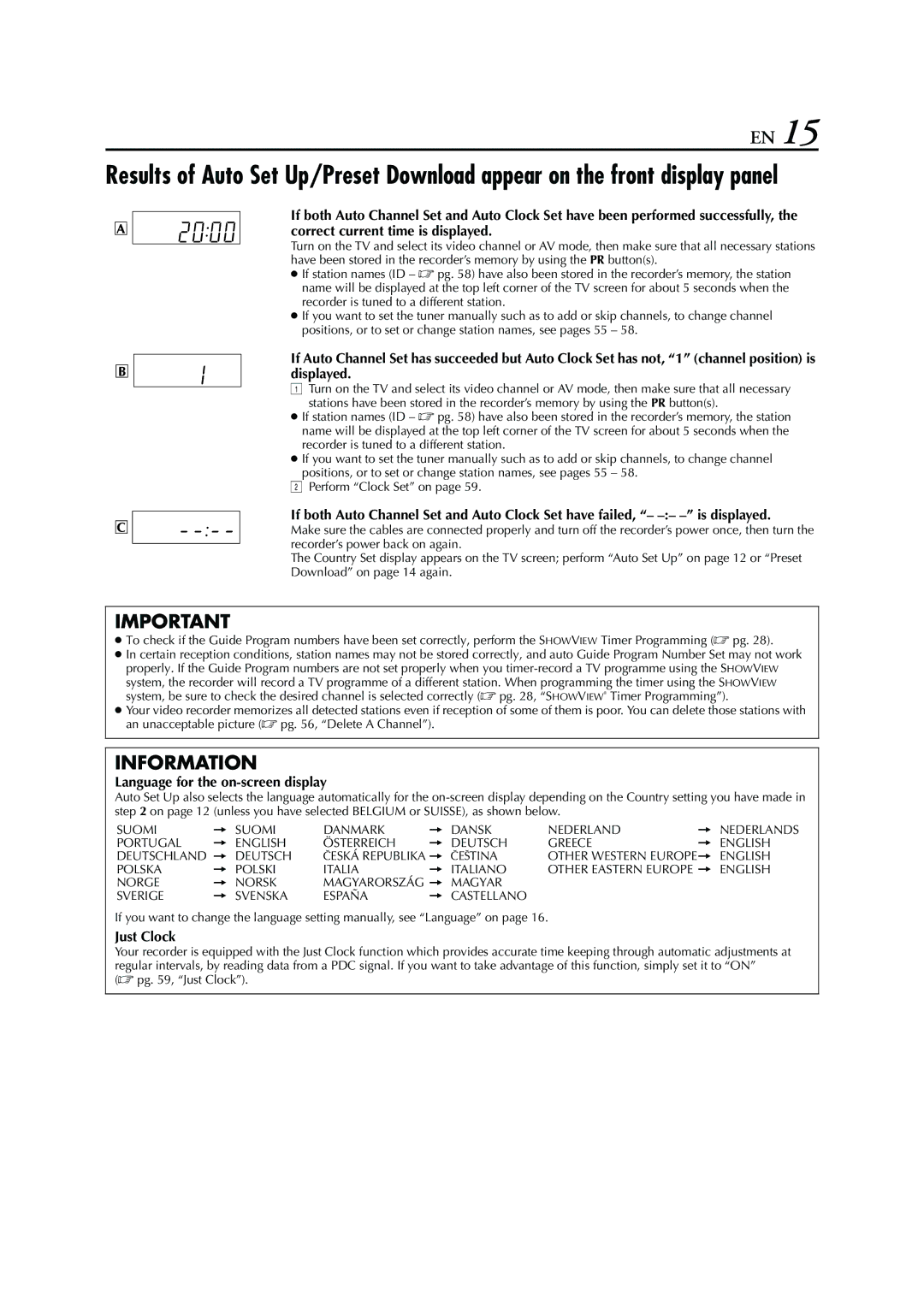 JVC HR-S7960E specifications Language for the on-screen display, Just Clock 