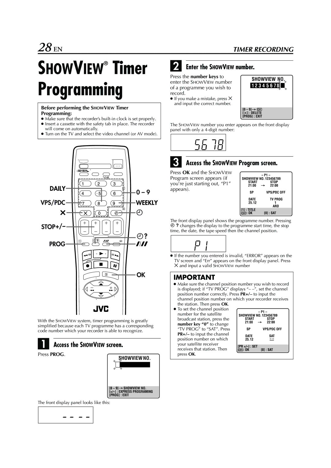 JVC HR-S7960E 28 EN, Enter the Showview number, Access the Showview screen, Access the Showview Program screen 