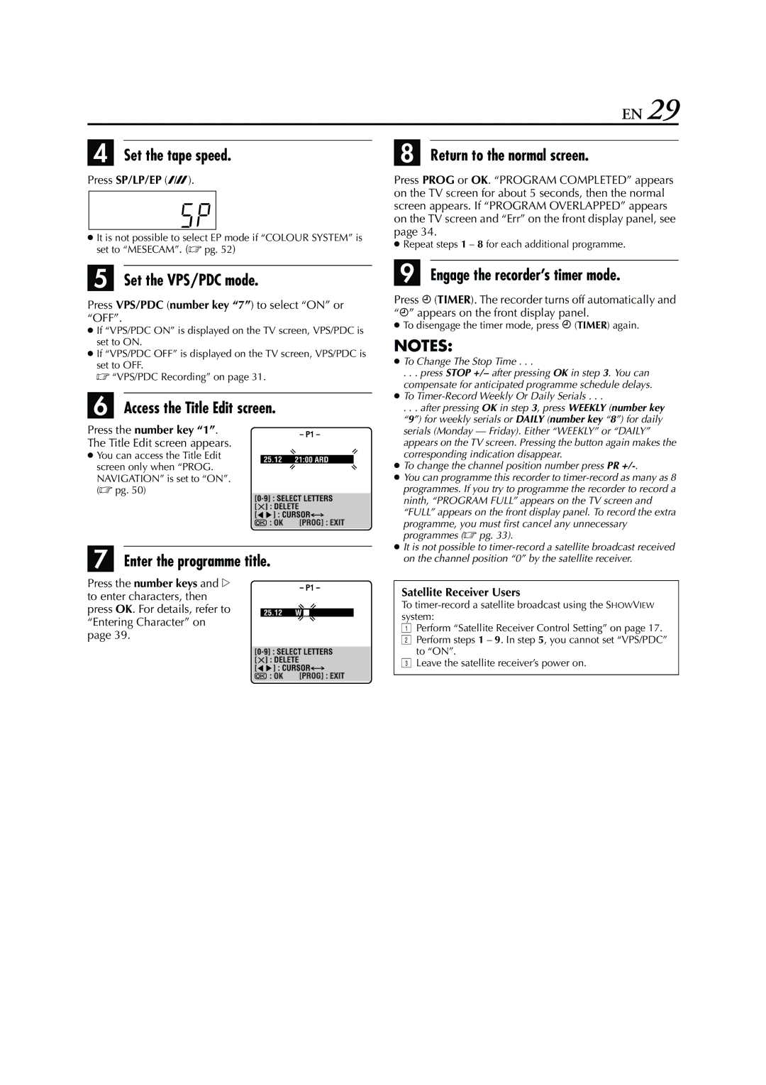 JVC HR-S7960E specifications Set the VPS/PDC mode, Access the Title Edit screen, Enter the programme title 