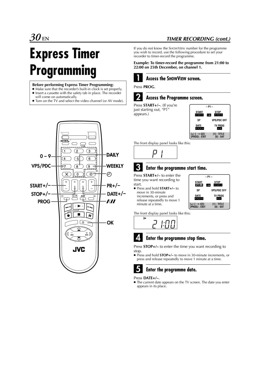 JVC HR-S7960E specifications Express Timer Programming, 30 EN 