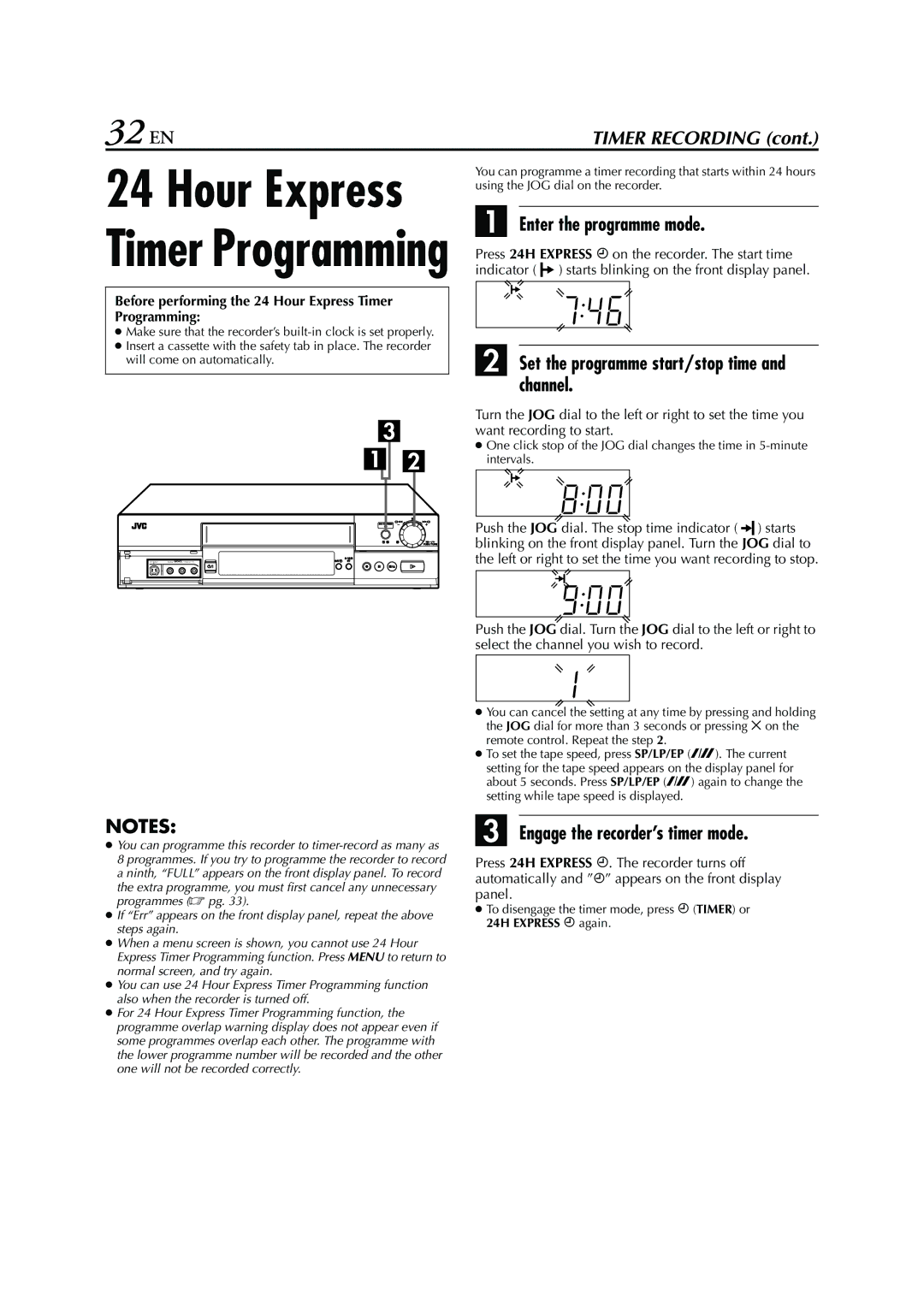 JVC HR-S7960E specifications 32 EN, Enter the programme mode, Set the programme start/stop time and channel 