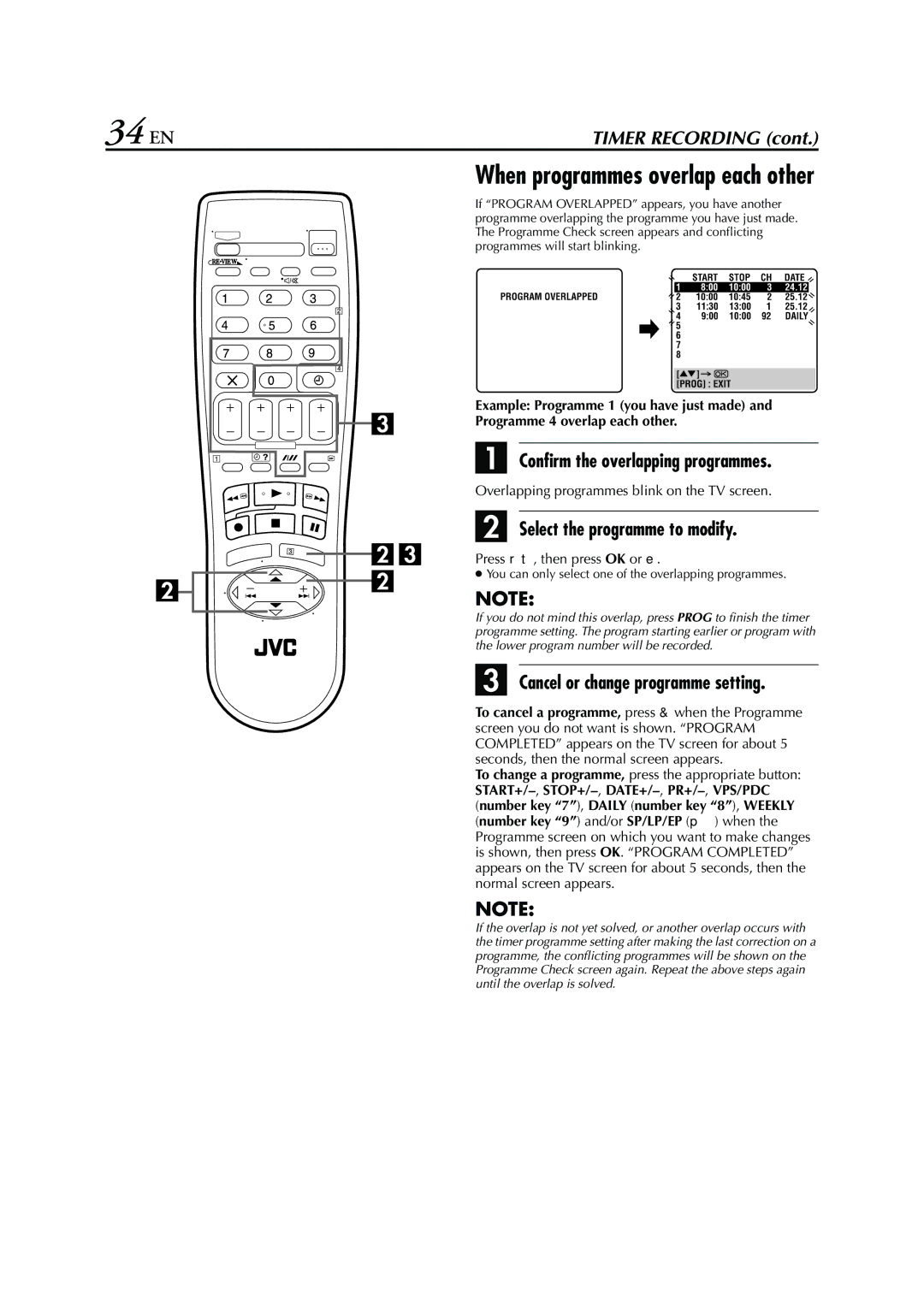 JVC HR-S7960E Confirm the overlapping programmes, Select the programme to modify, Cancel or change programme setting 