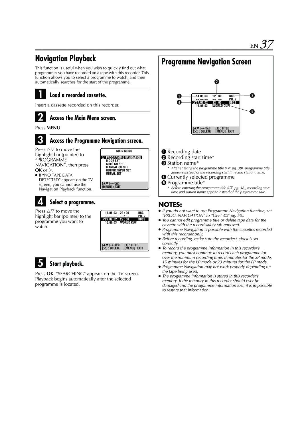 JVC HR-S7960E specifications Navigation Playback, Programme Navigation Screen, Load a recorded cassette, Select a programme 