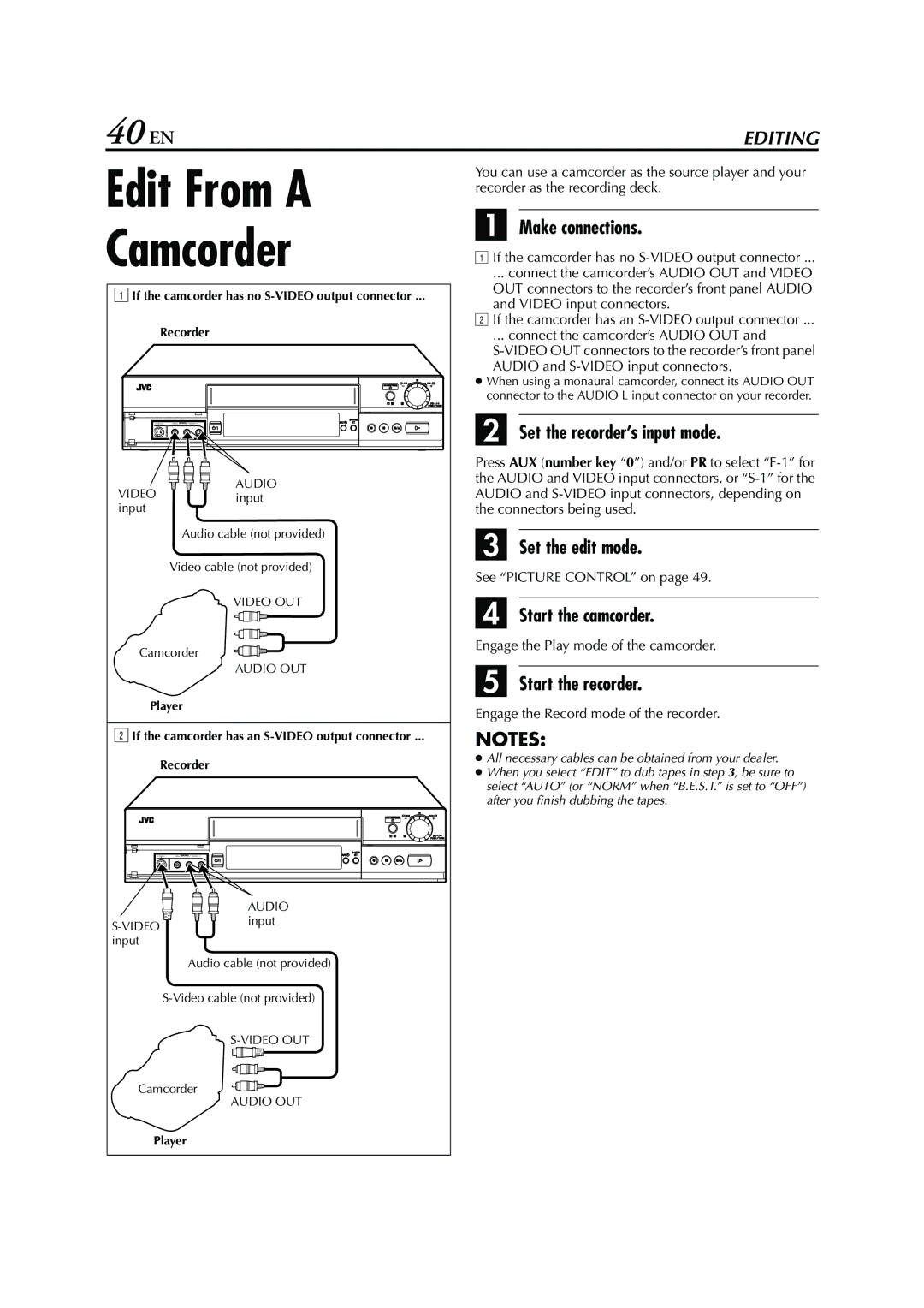 JVC HR-S7960E specifications Edit From a, Camcorder, 40 EN 