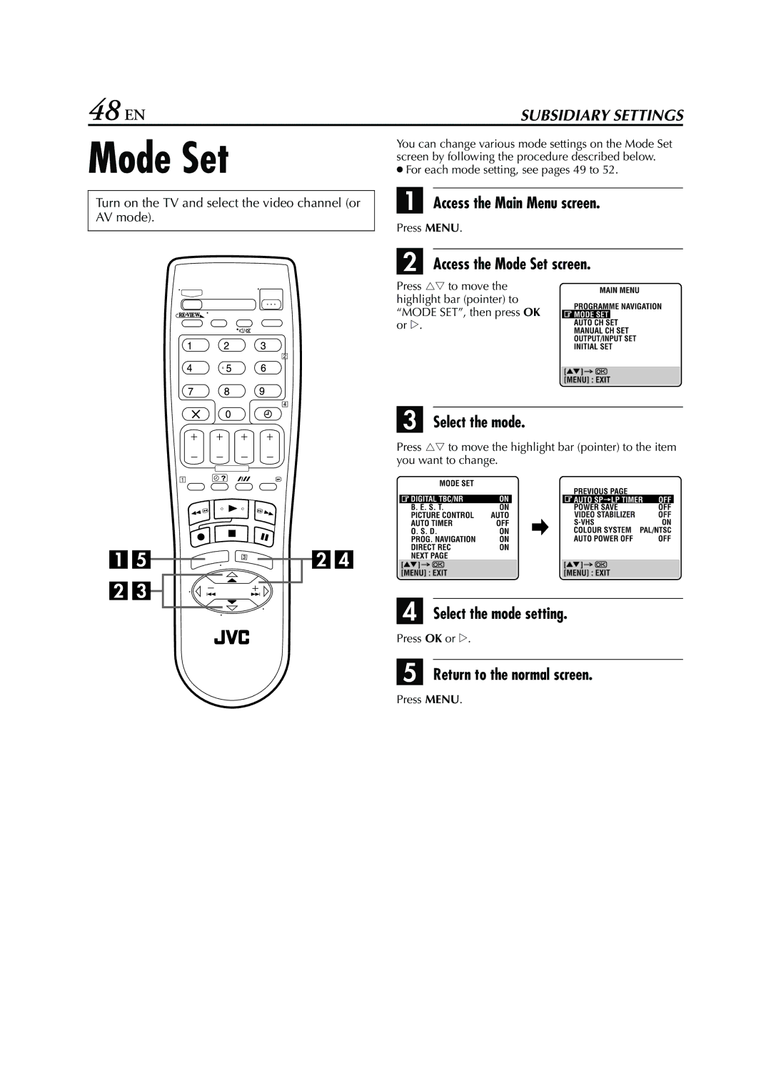 JVC HR-S7960E specifications 48 EN, Access the Mode Set screen, Select the mode setting 