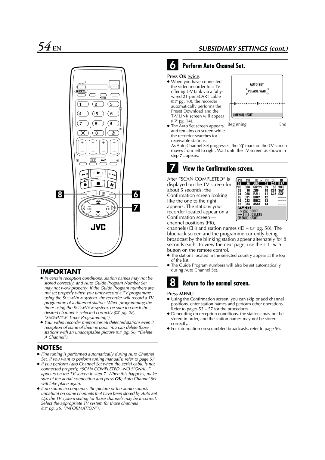 JVC HR-S7960E specifications 54 EN, Perform Auto Channel Set, View the Confirmation screen, Press OK twice 