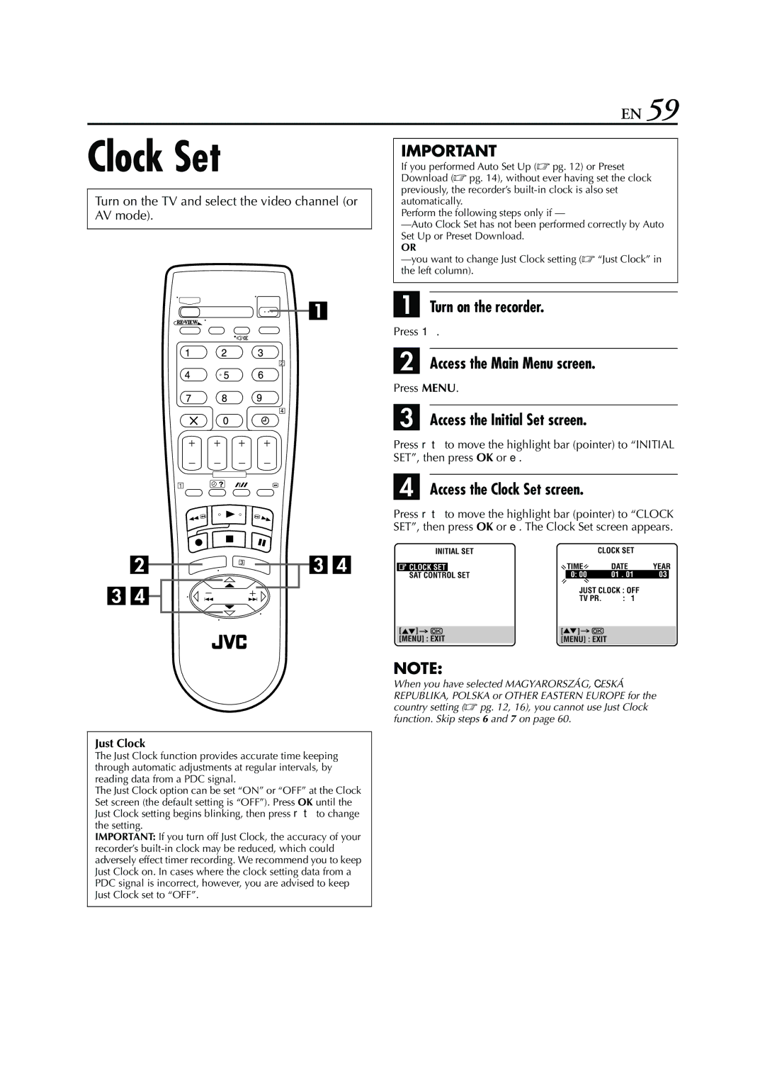 JVC HR-S7960E specifications Access the Clock Set screen 