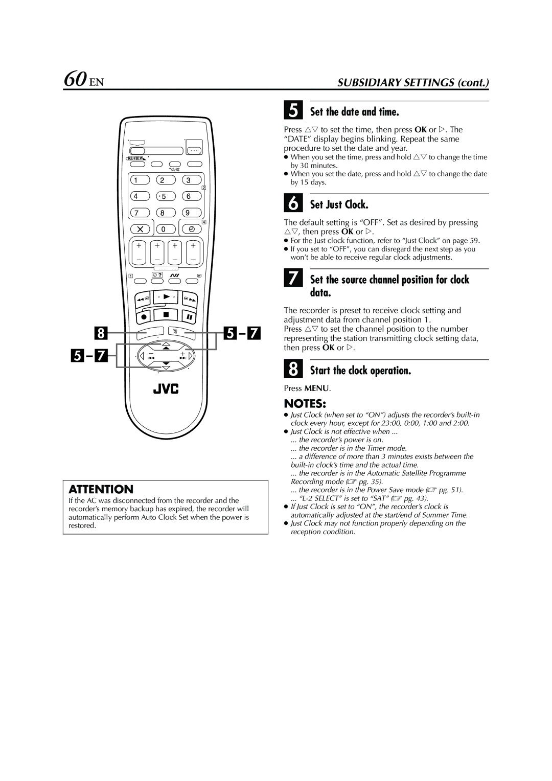 JVC HR-S7960E specifications 60 EN, Set the date and time, Set Just Clock, Set the source channel position for clock data 