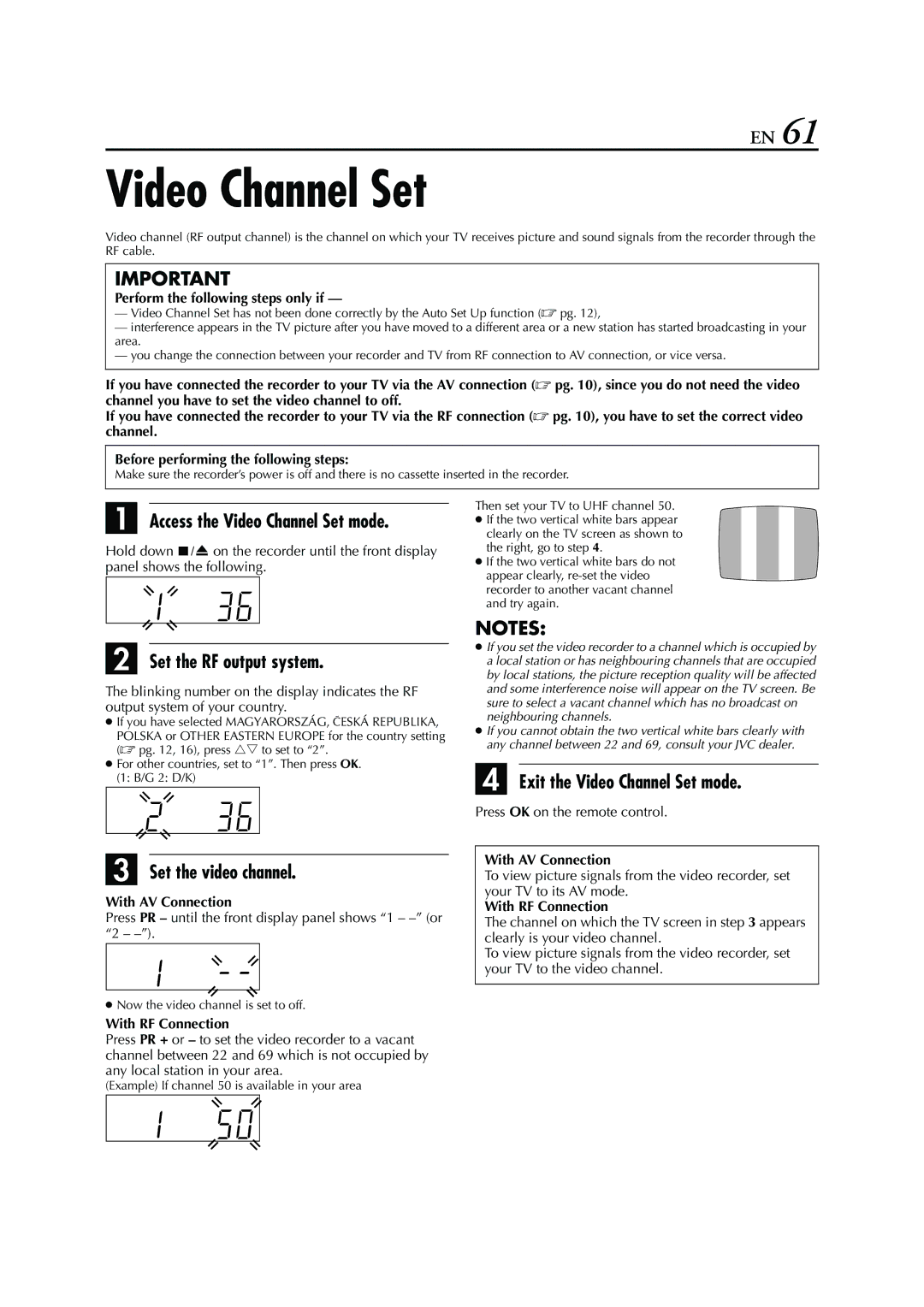 JVC HR-S7960E Access the Video Channel Set mode, Set the RF output system, Exit the Video Channel Set mode 