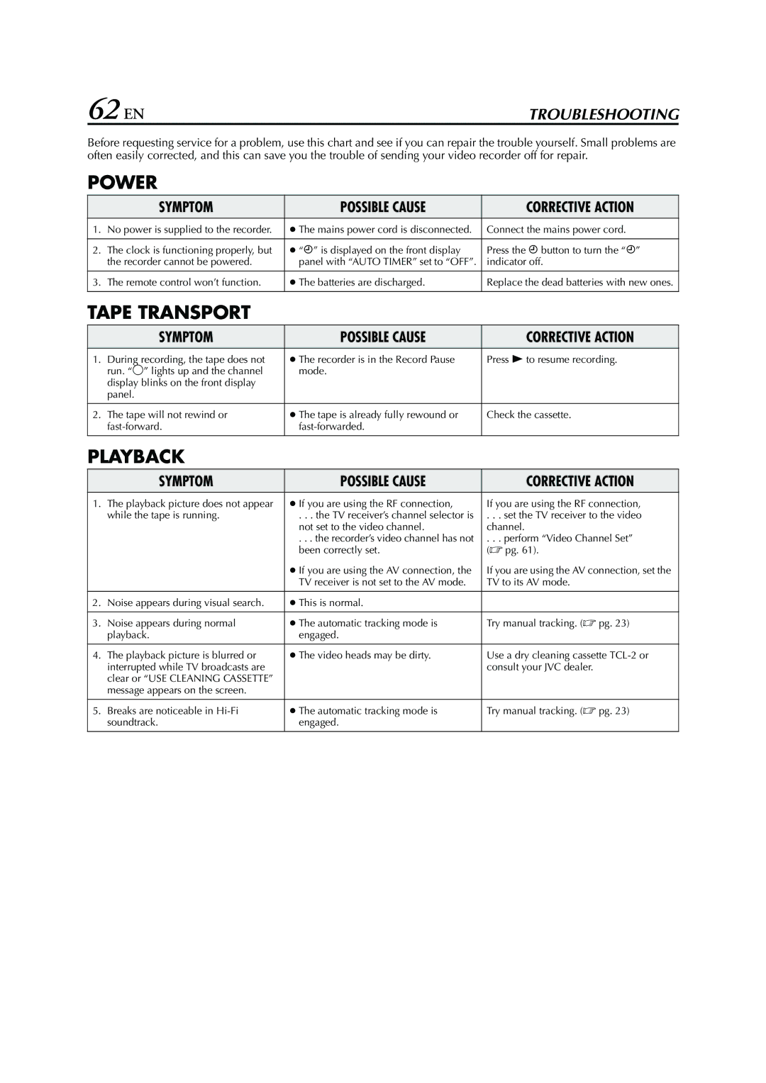 JVC HR-S7960E specifications 62 EN, Troubleshooting 