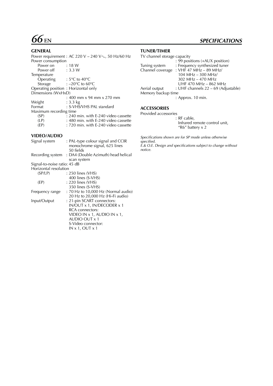 JVC HR-S7960E specifications 66 EN 